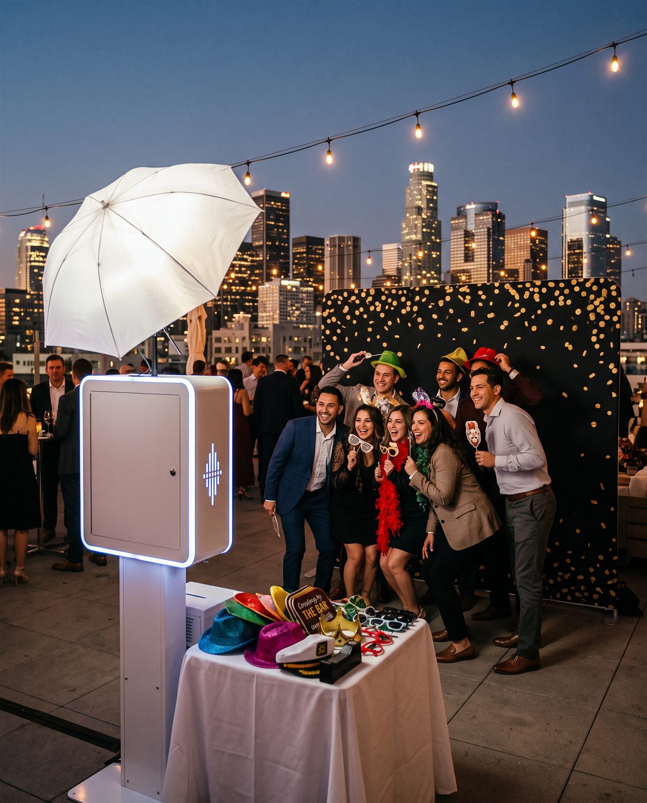 Coworkers posing at a rooftop party photo booth