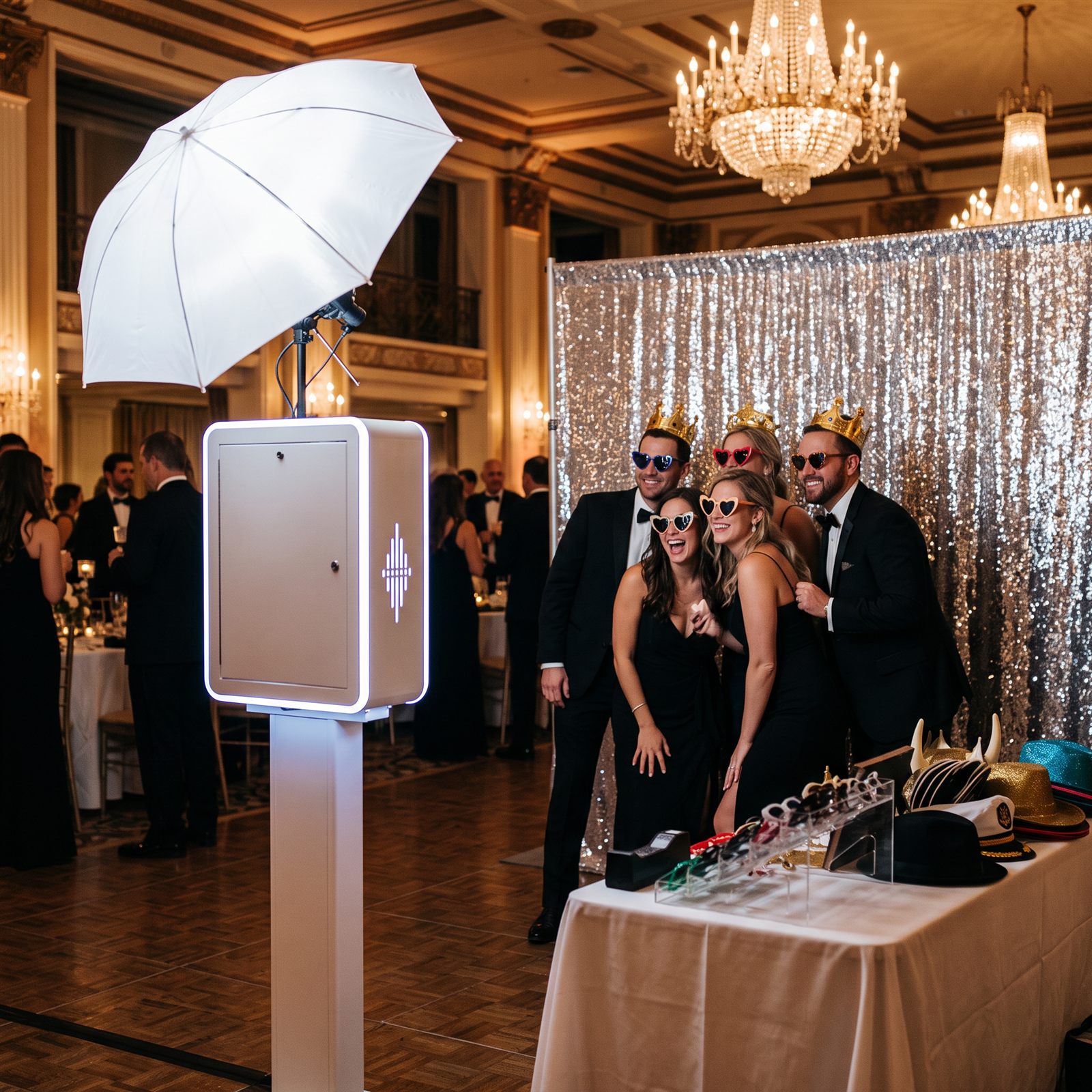 Friends posing with props in front of a sparkling backdrop beside a photo booth