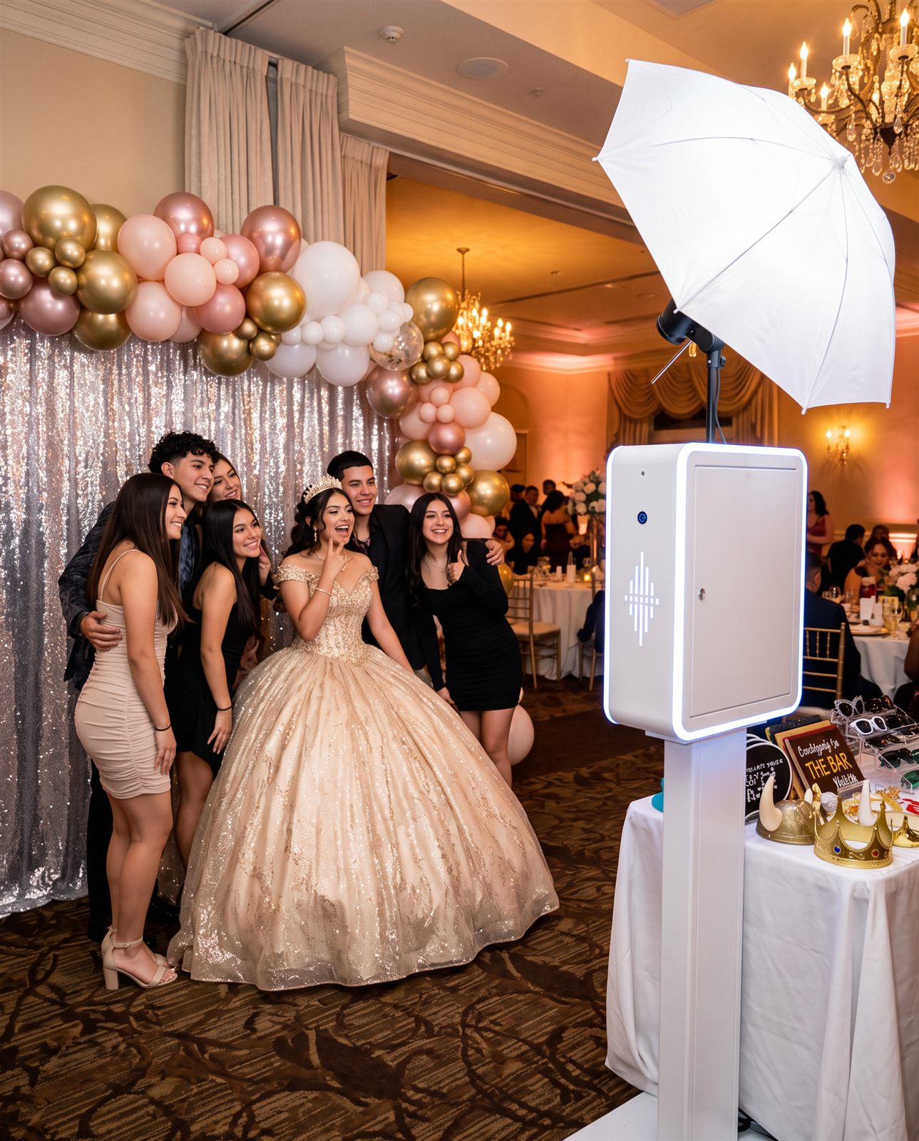 Quinceañera posing with friends at the booth